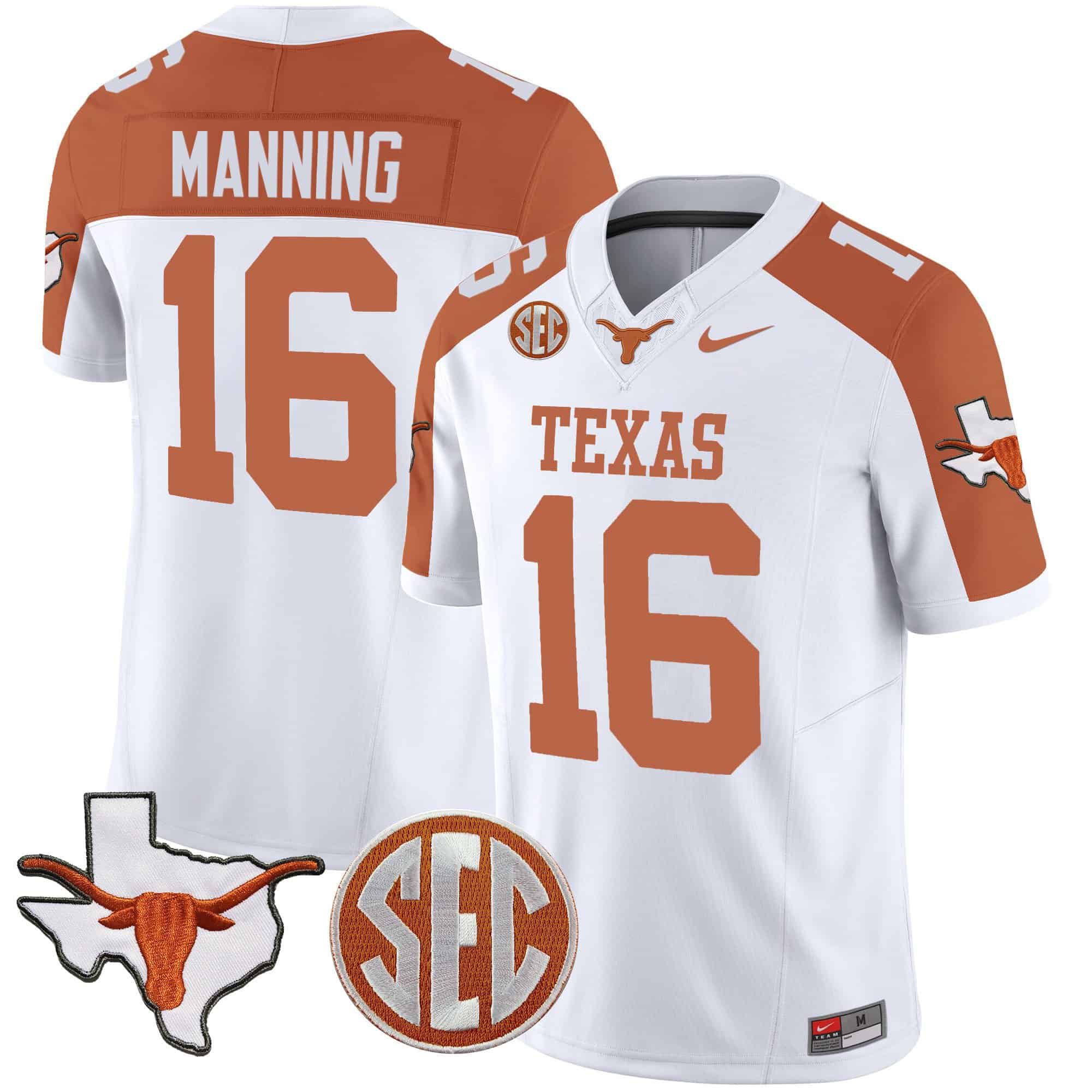 Men Texas Longhorns #16 Manning White 2024 Nike State Map & SEC Patch Vapor NCAA Jersey style 1->indianapolis colts->NFL Jersey